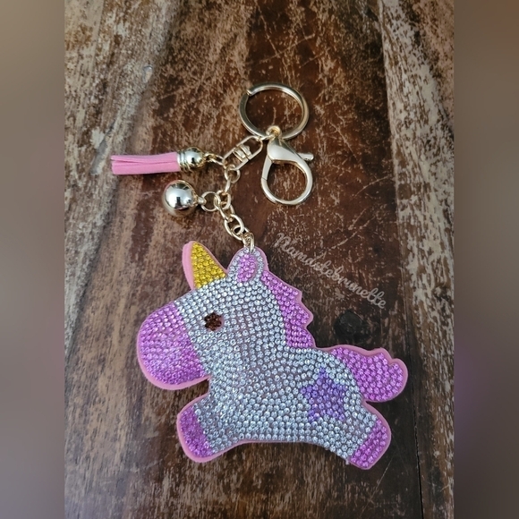 Unicorn Crystal Rhinestone Keychain Bag Charm With Blue Tassel - Picture 13 of 16